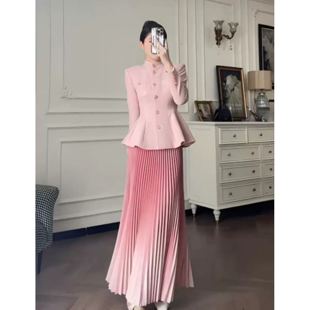 One set rok import setelan wanita plisket gradasi