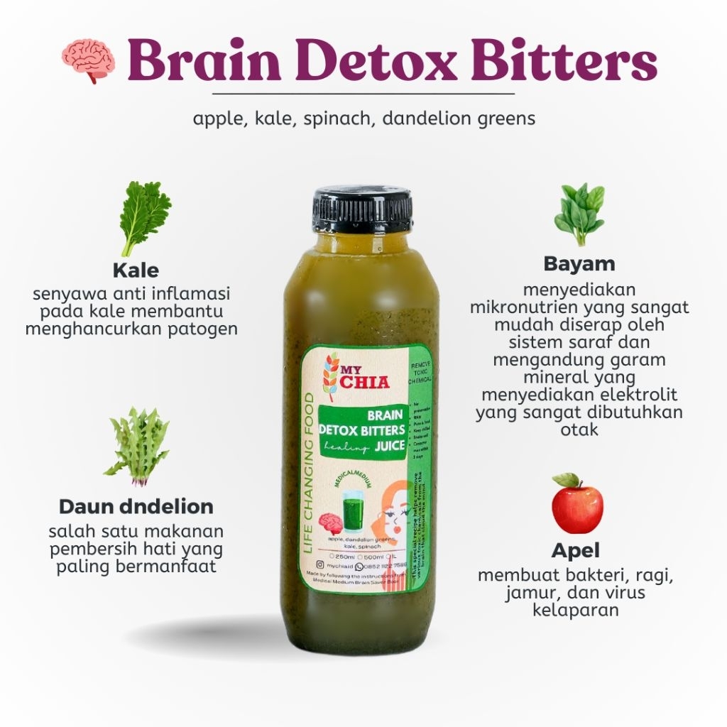 

Brain Detox Bitters Healing Juice 500ml Jus Otak Apel Dandelion Kale Bayam Cold Pressed