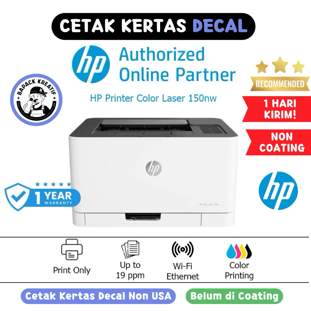

Cetak Kertas Water Slide Decal A4 Non USA Printer HP Color Laserjet 150NW Sehari Jadi Decal Souvenir Gelas Enamel Mangkuk Piring