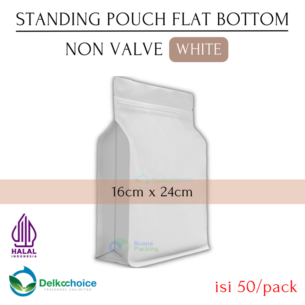 DELKOCHOICE STANDING POUCH FLAT BOTTOM NON VALVE WHITE 16x24