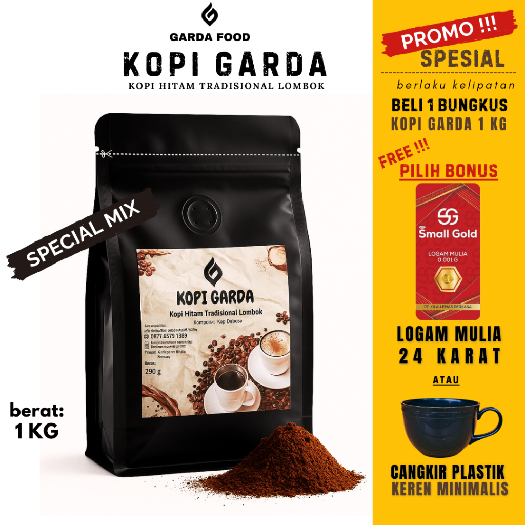 

KOPI GARDA Khas Pulau Lombok - Kopi Hitam Bubuk Special Mix 1kg FREE Mug & Emas 24 Karat