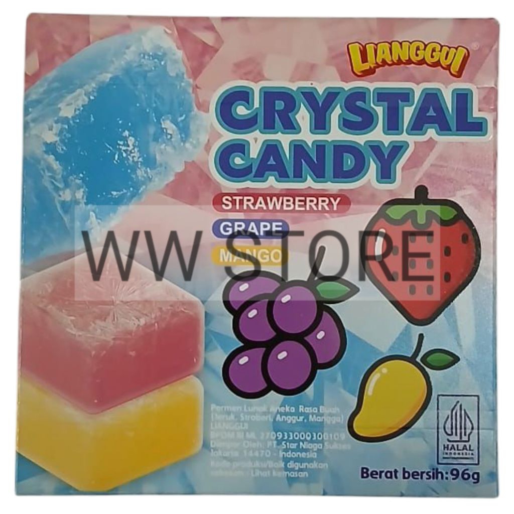

Permen lunak aneka rasa buah ( stroberi anggur mangga ) halal MUI LIANGGUI CRYSTAL CANDY STRAWBERRY GRAPE MANGO 96g