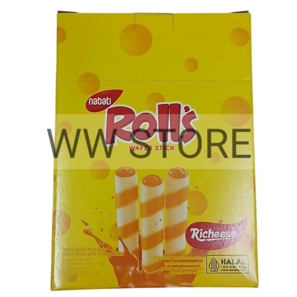 

Wafer gulung isi krim keju halal MUI nabati Roll's Richeese Cheese Cream WAFER ROLL ROLLED STICK 110g ( 20x5.5g )