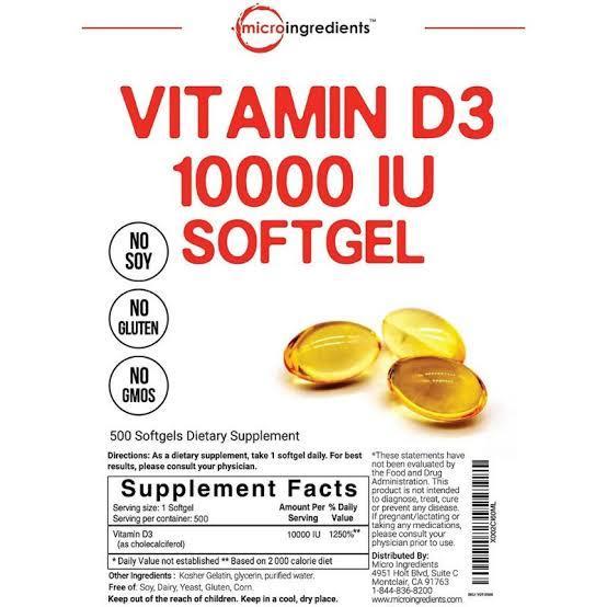 Microingredients VITAMIN D3 10000IU 500 Softgel ORIGINAL USA