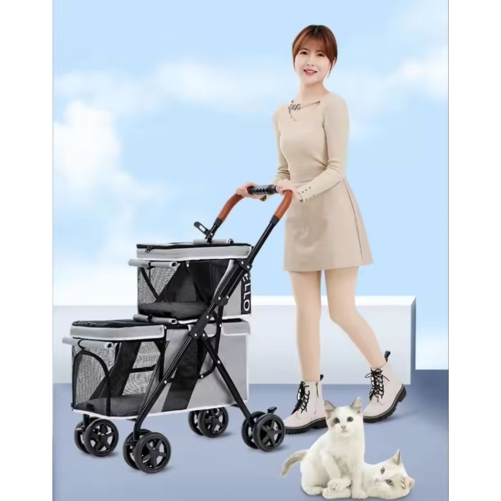 Pet Stroller BELLO For Cat Dogs Double Layer Small Medium - Stroller anjing kucing atas bawah - Stro