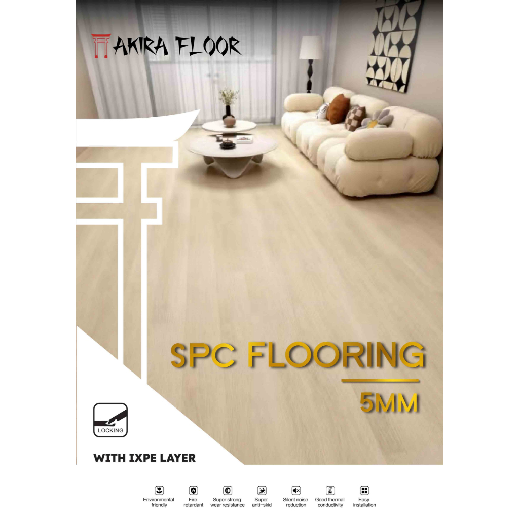 Akira Floor SPC Flooring 5MM dengan Layer IXPE Lantai Kamar Ruang Tamu Aesthetic Motif Kayu Click Pe