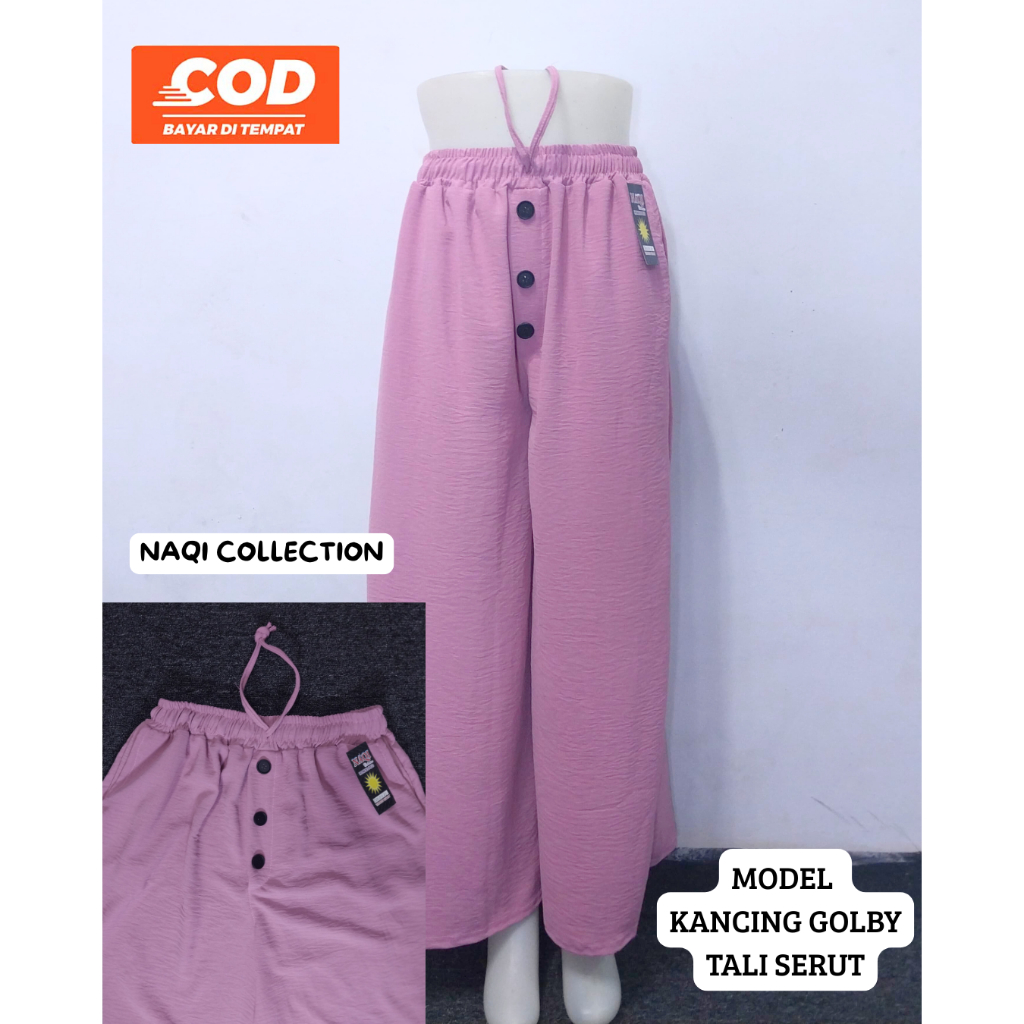 Celana Kulot Crinkle Wanita Panjang Tali Serut Kancing Golby