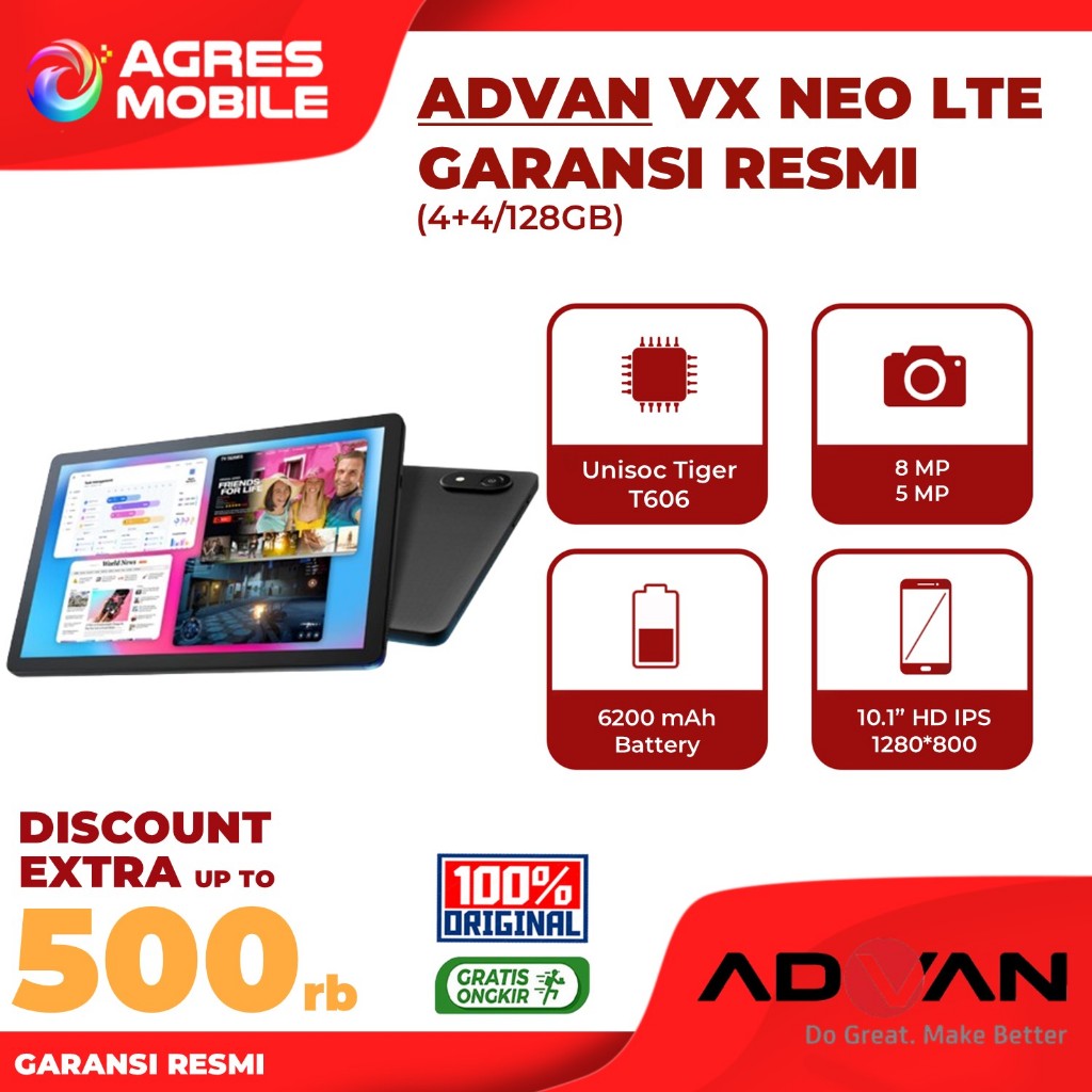 ADVAN Tab VX Neo 4GB+4GB/128GB Dual SIM Card 4G LTE Up to 8GB Extended RAM - Garansi Resmi