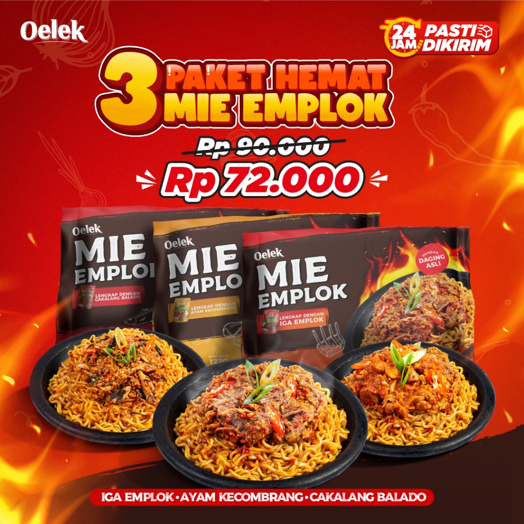 

Oelek Paket Hemat Dapat 3 Mie Emplok Goreng Combo Semua Rasa Iga Emplok / Cakalang Balado / Ayam Kecombrang / Mie Pedes / Instan / Lauk Pedas