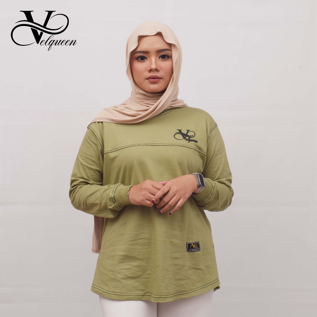 Velqueen Baju Wanita / Atasan Lengan Panjang Semi Tunik Korean Style Bahan Kaos Combed 20s Tebal