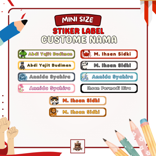 

(Isi 200 Pcs) Stiker Nama Custom 6.5 x 1 Cm Bahan Chromo Desain Label Buku Anak Peralatan Sekolah