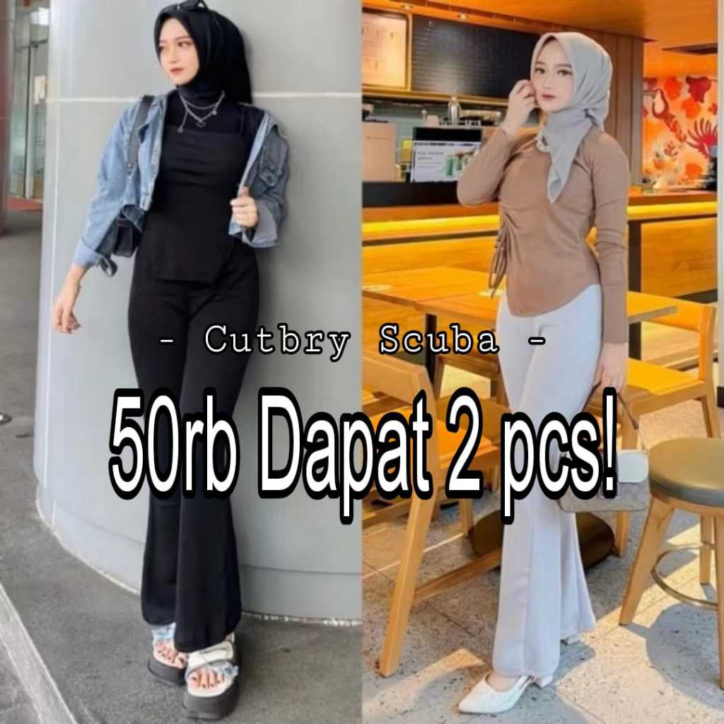 NEW 50rb DAPAT 2 pcs Celana Fit And Flare Pants Cutbray Scuba Pinggang Highwaist Bahan Stretch Melar