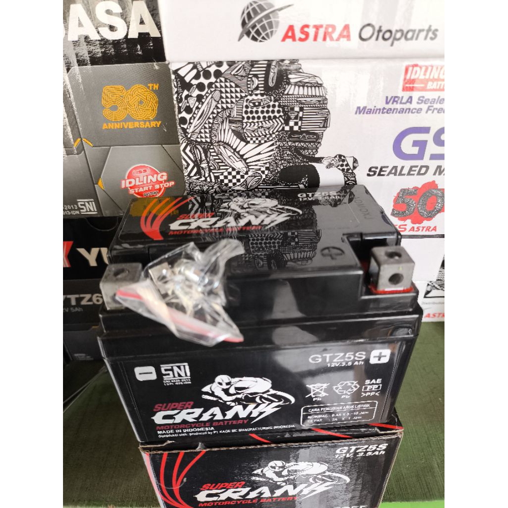 Aki Motor SuperCrank GTZ5S untuk Beat karbu, Beat Fi, Supra X125, Jupiter Z1, MioJ/GT, Semua Mio Inj