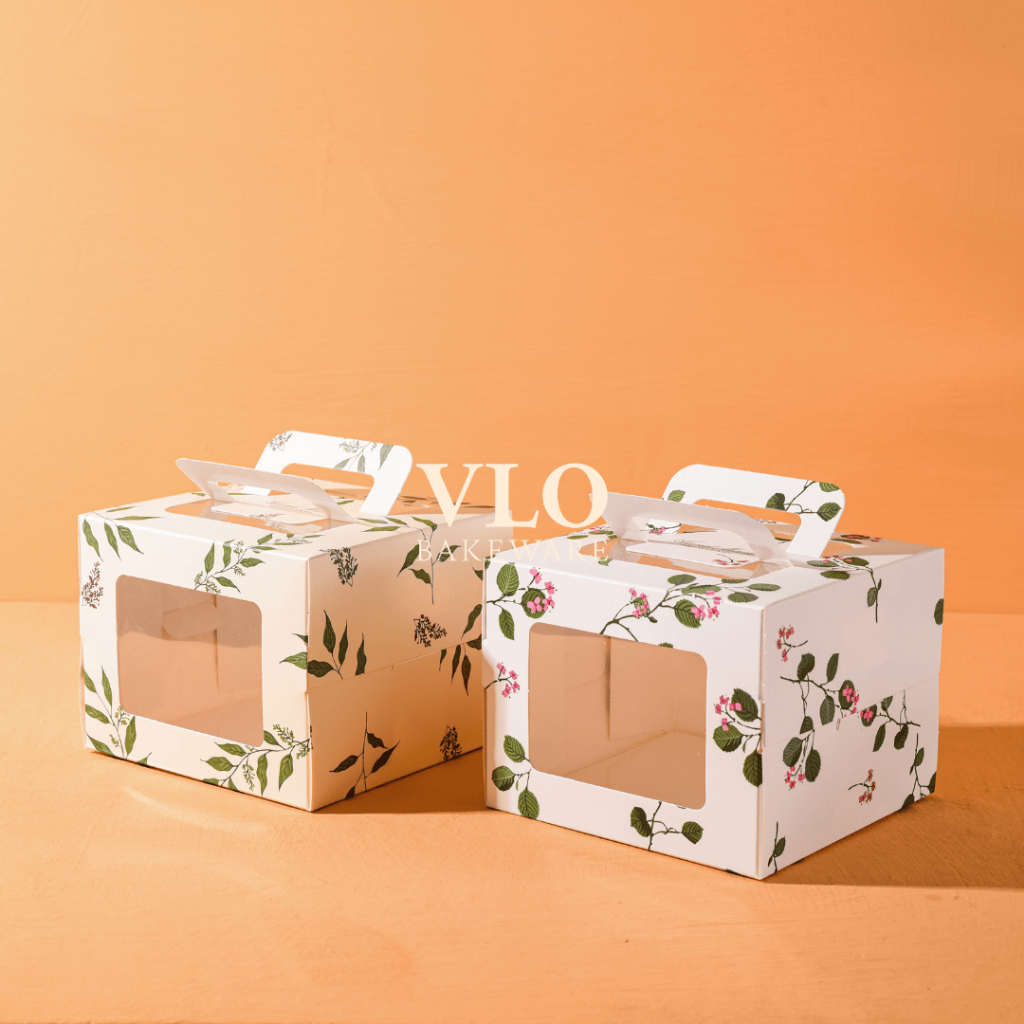 

[1 SET ISI 10 PCS] Kotak kue persegi ukuran 14 cm ada handle motif daun | cake box korea premium