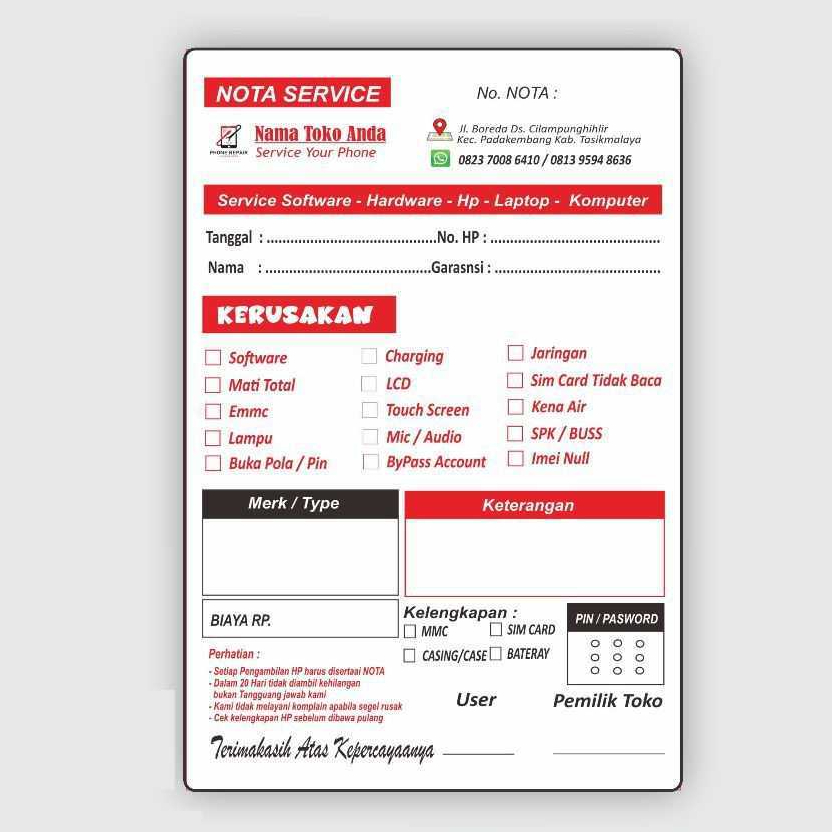 

NOTA CUSTOM | NOTA SERVIS | NOTA KONTER | 1/4 FOLIO