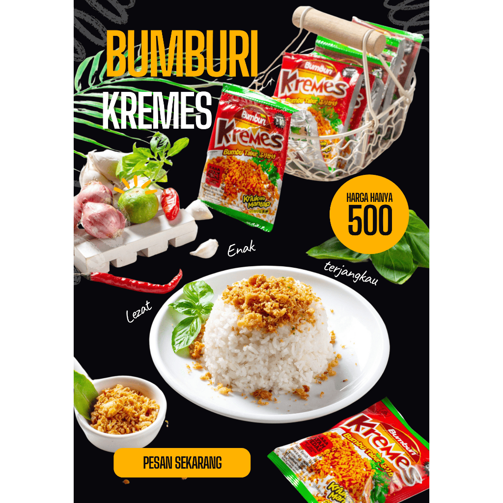 

Bumburi Kremes isi 40sachet dengan 4 Varian rasa : ayam, ayam pedas, sapi, dan pepperoni pizza