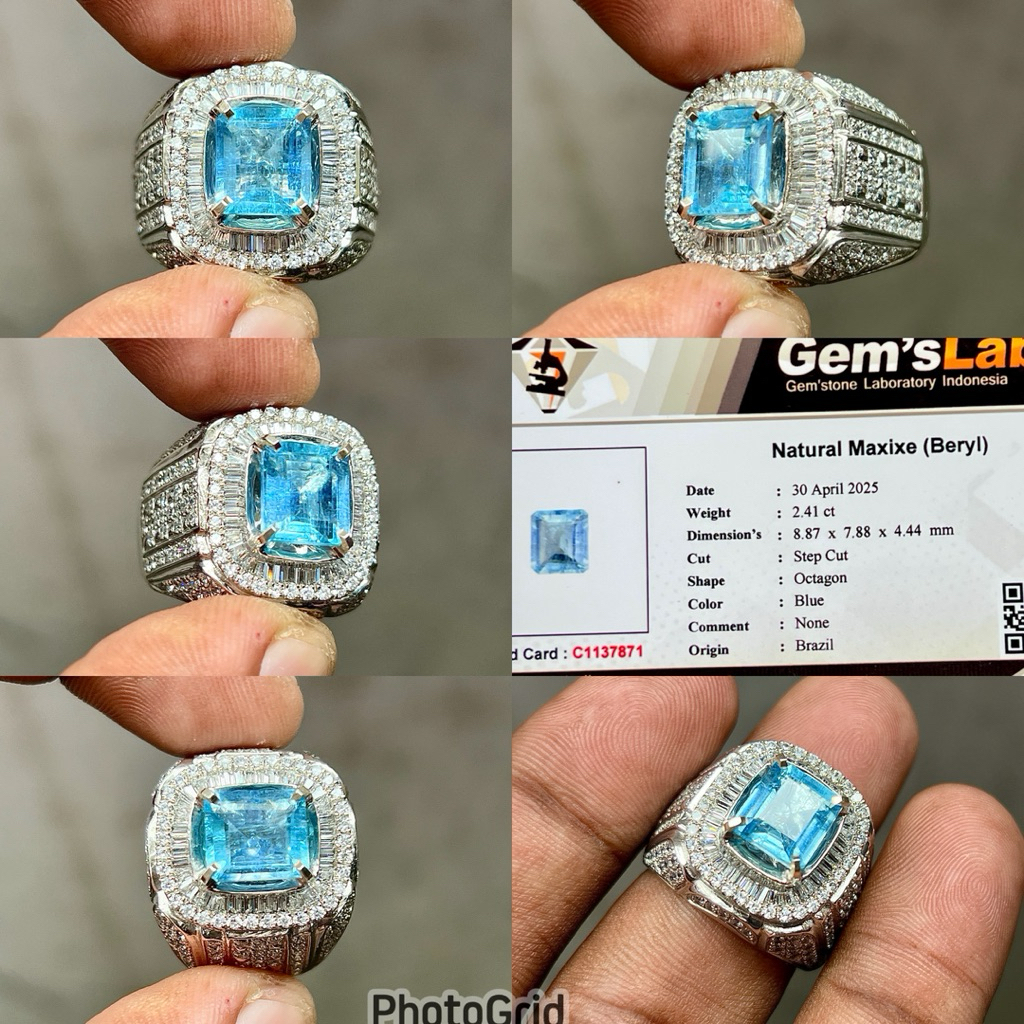 Cincin Batu Maxixe Beryl Natural Maxixe beryl Blue Beryl Aquamarine Ring Perak Microsetting