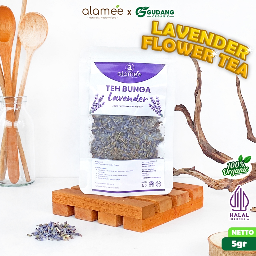 

alamee teh bunga lavender dengan rasa floral dan aroma wangi menenangkan dalam setiap cangkir 5 gram