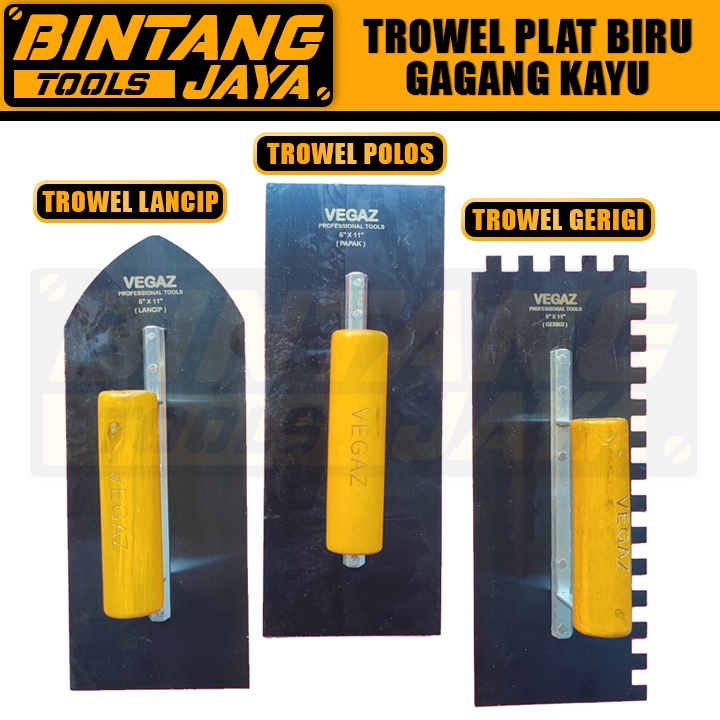 Raskam Roskam Plat Biru Baja Karbon Acian Tembok Trowel Gagang Kayu