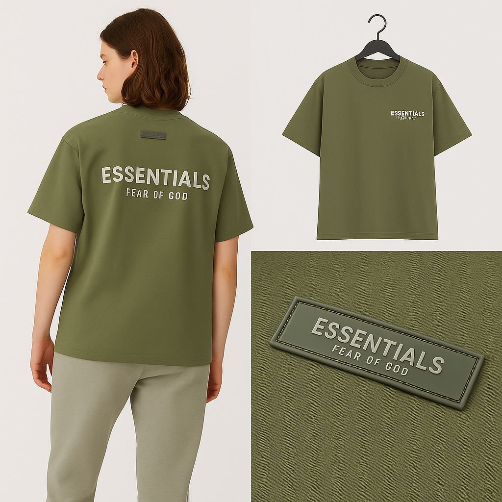 Kaos Fear Of God Essentials Reflective Text Logo Los Angeles FOG Convert Green - Hitam - Abu Oversiz