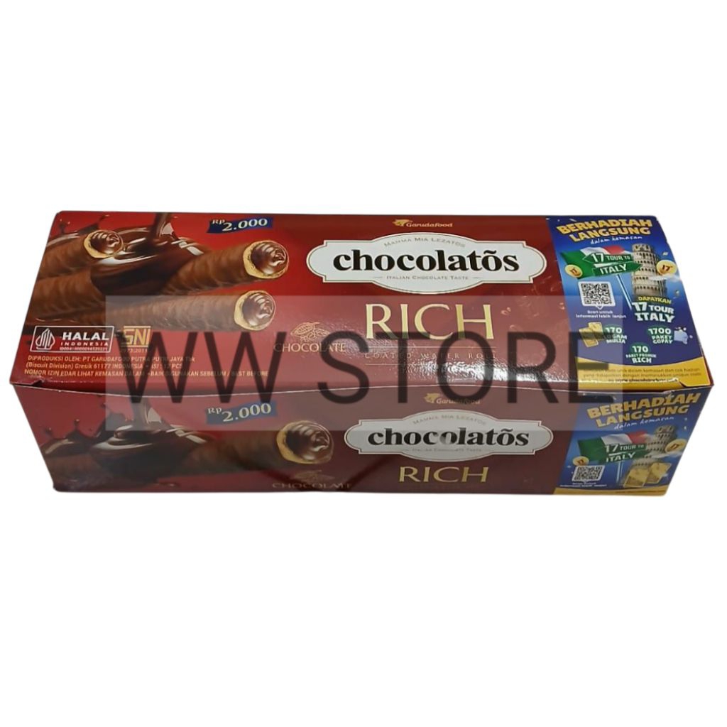 

Wafer gulung lapis coklat cokelat halal MUI GarudaFood Garuda Food chocolatos RICH Chocolate Coated Wafer Roll isi 12pcs x 19g