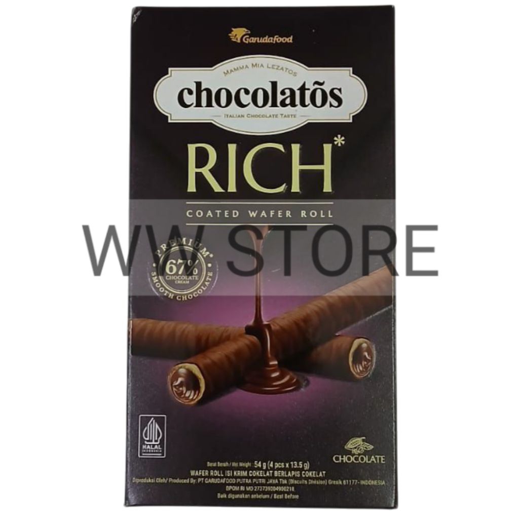 

Wafer gulung isi krim coklat berlapis cokelat halal MUI GarudaFood chocolatos RICH Chocolate Coated Wafer Roll 54g ( 4pcs x 13.5g )