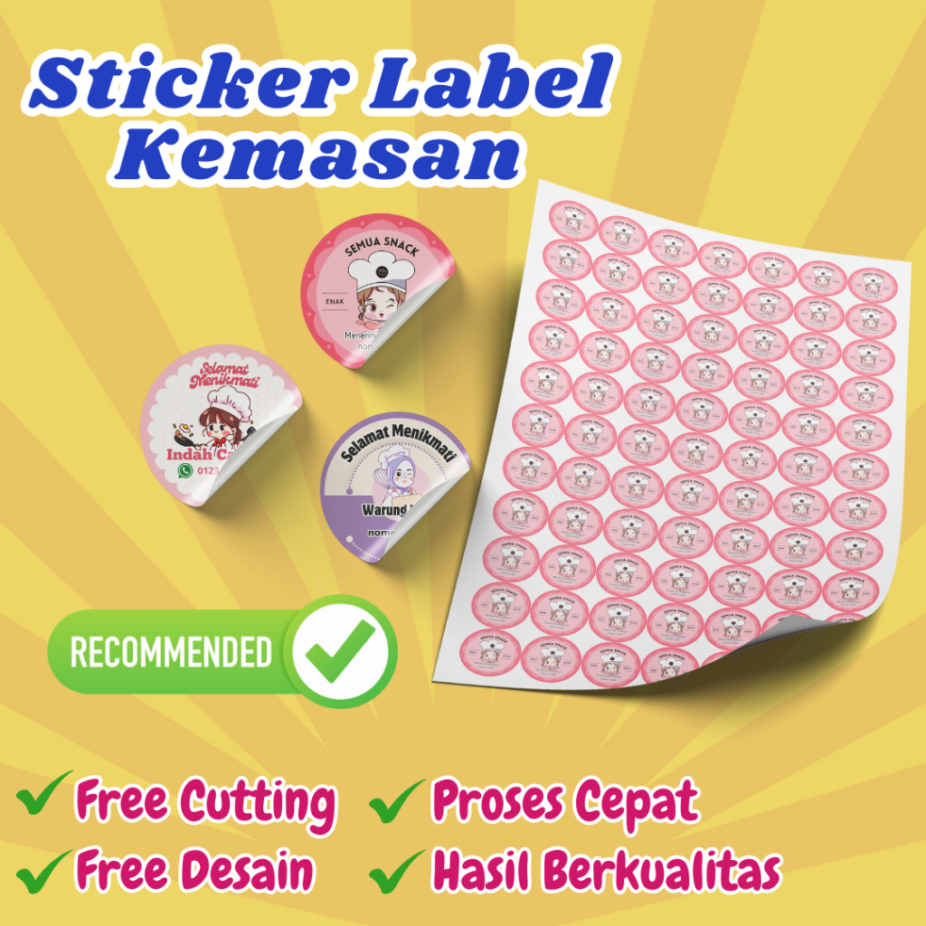 

Cetak Sticker Vynil Chromo Custom Label Kemasan A3+ untuk Toko Olshop Makanan Minuman Toples Kaleng Stiker Anti Luntur Free Desain dan Cutting