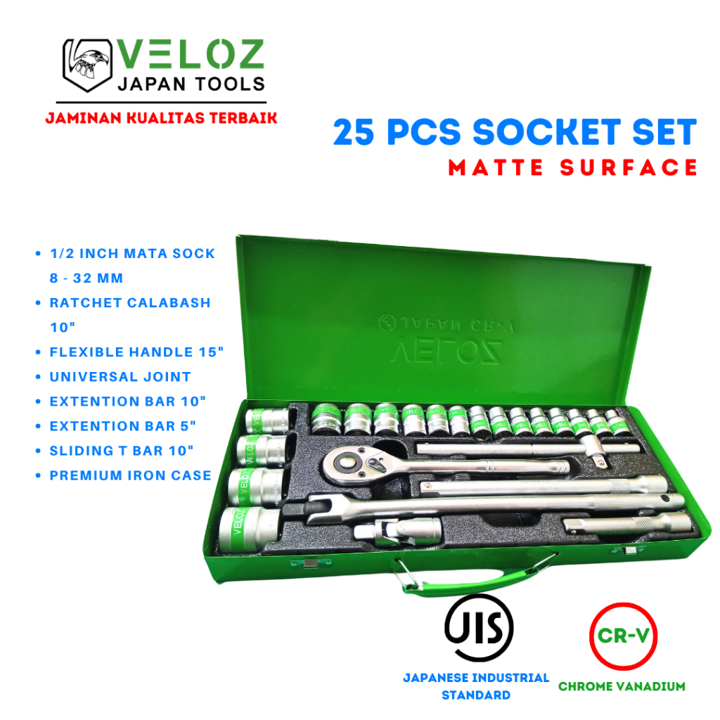 VELOZ 25 PCS KUNCI SOCK/SOK SET 8-9-10-11-12-13-14-15-16-17-19-21-22-23-24-27-30-32 DRAT 1/2 SOCKET 