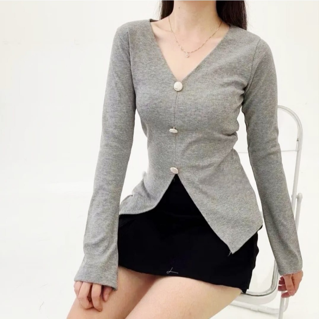 Jade Top - Atasan Blouse Wanita Lengan Panjang Crop Top Knit Lengan Terompet