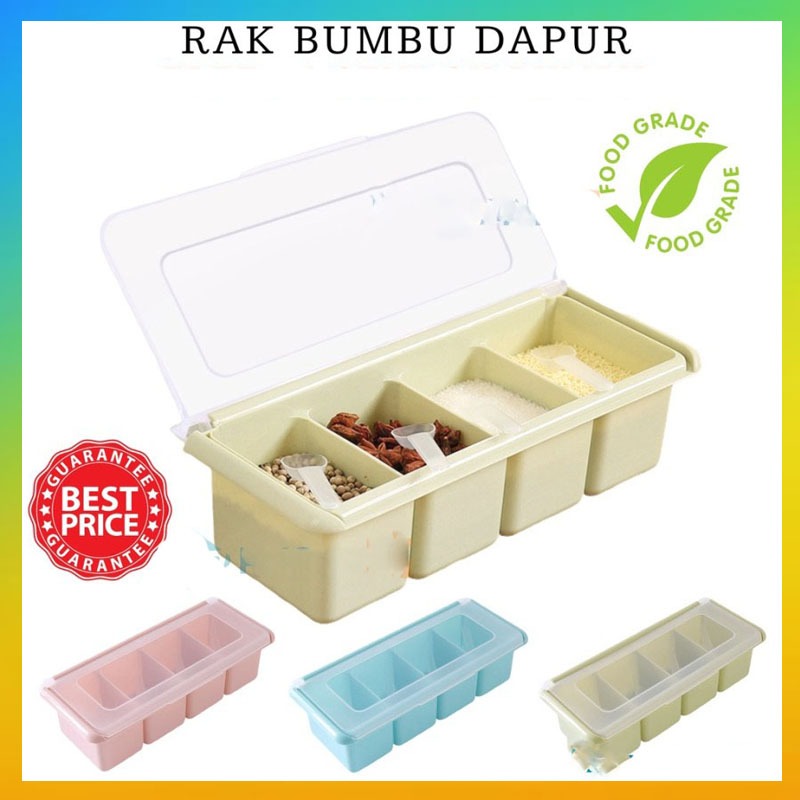 Tempat Bumbu Dapur Panjang 4 Sekat FREE Sendok / Kotak Wadah Penyimpanan Gula Garam Micin Lada Seaso