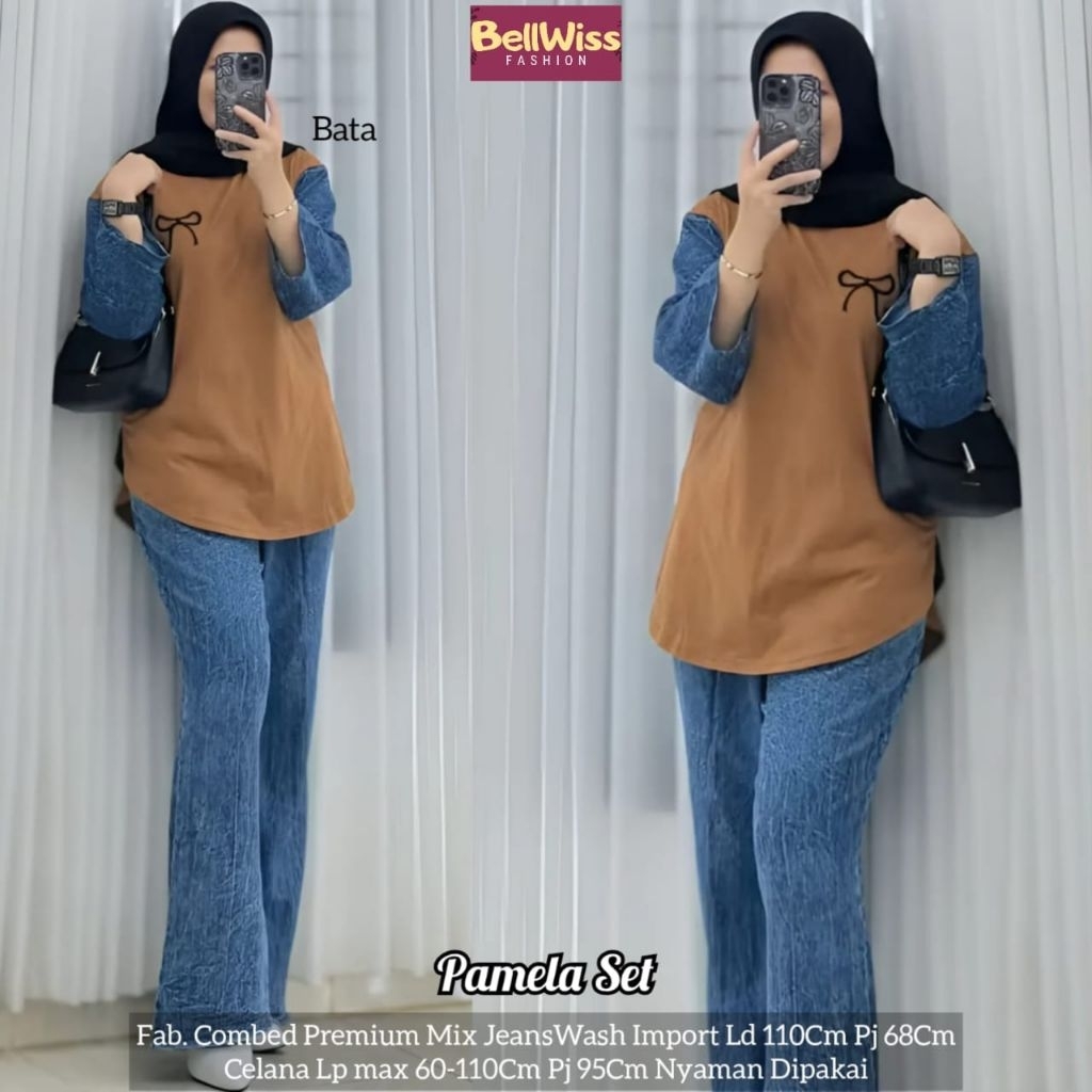 pamela one set wanita kekinian by belwis tunik kaos combed setelan jeans wanita celana highwaist den