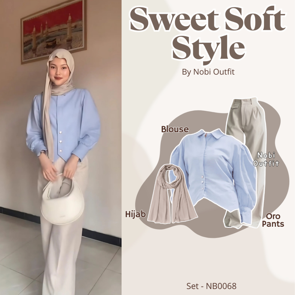 Nobi Outfit 3 In 1 Set OOTD Wanita Remaja Clean Look Cewek Kalem Set Blouse Soft (Hijab+Blouse+Celan