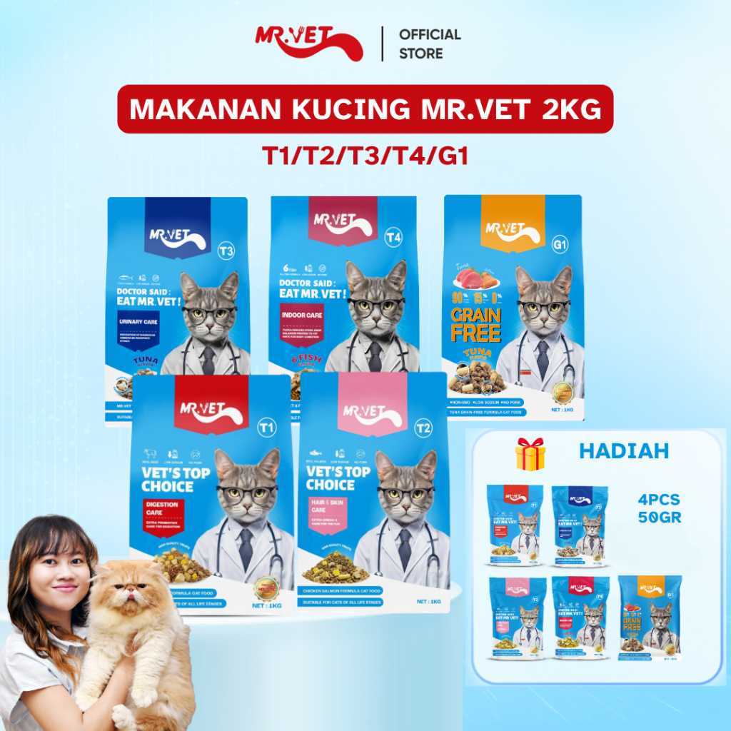 

23bagusmenshop - Mr. Vet Paket Kombo 2 Makanan Kucing Kering 2Kg Varian Lengkap T1 T2 T3 T4