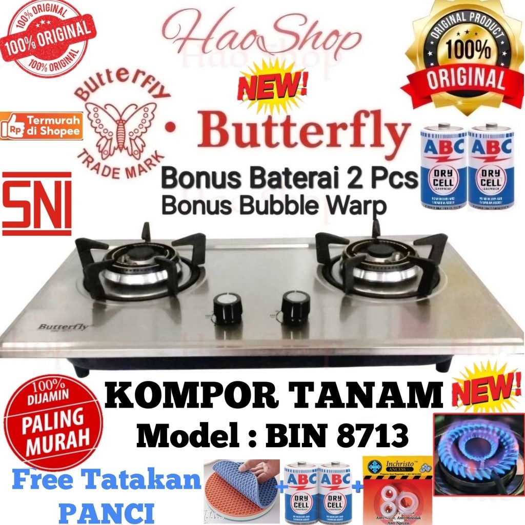 [BONUS] KOMPOR TANAM GAS 2 Tungku Butterfly Garansi Resmi Bisa COD GOJEK Stainless Premium Api Biru 