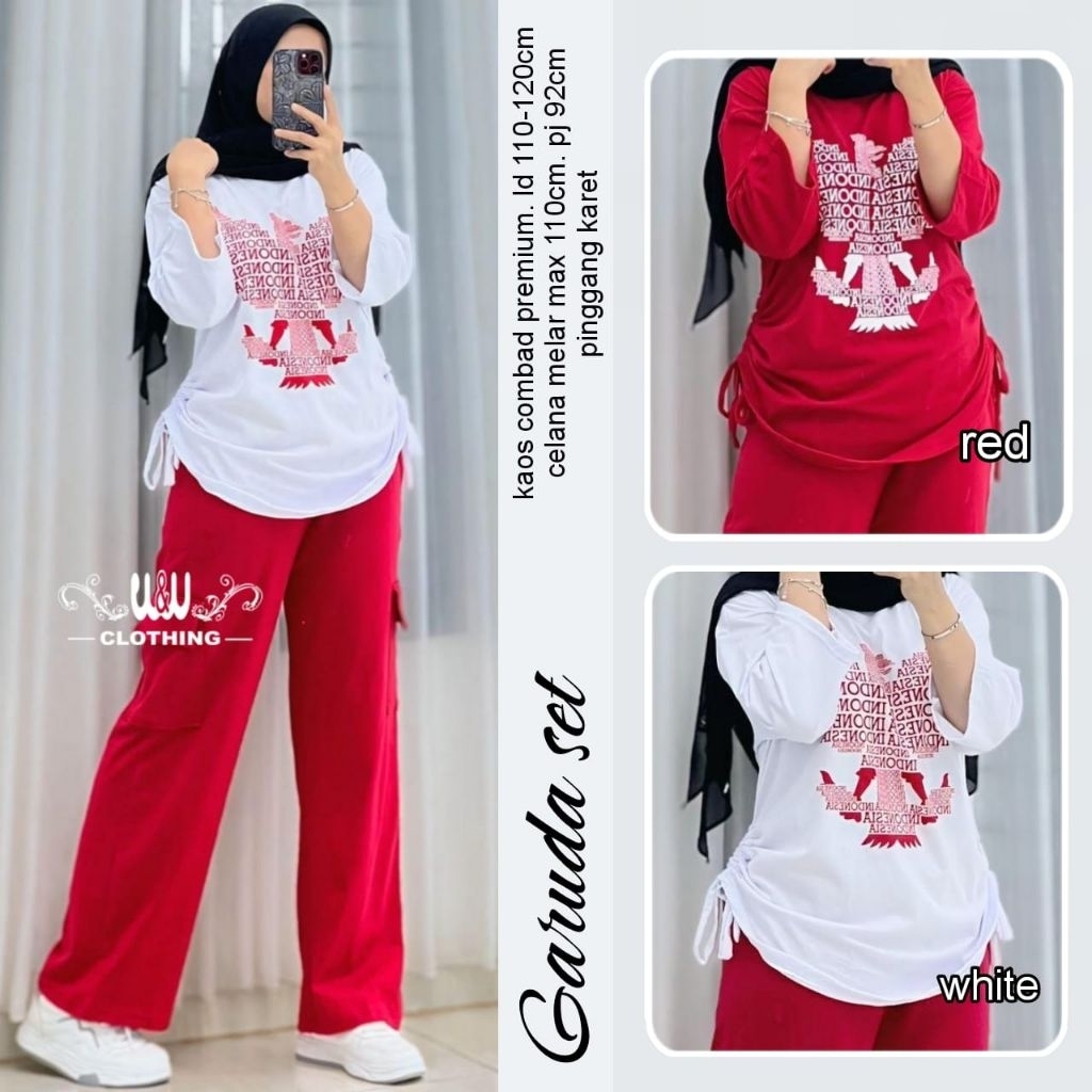 INNA/ MILA/ GARUDA SET Setelan wanita merah putih bahan kaos combed