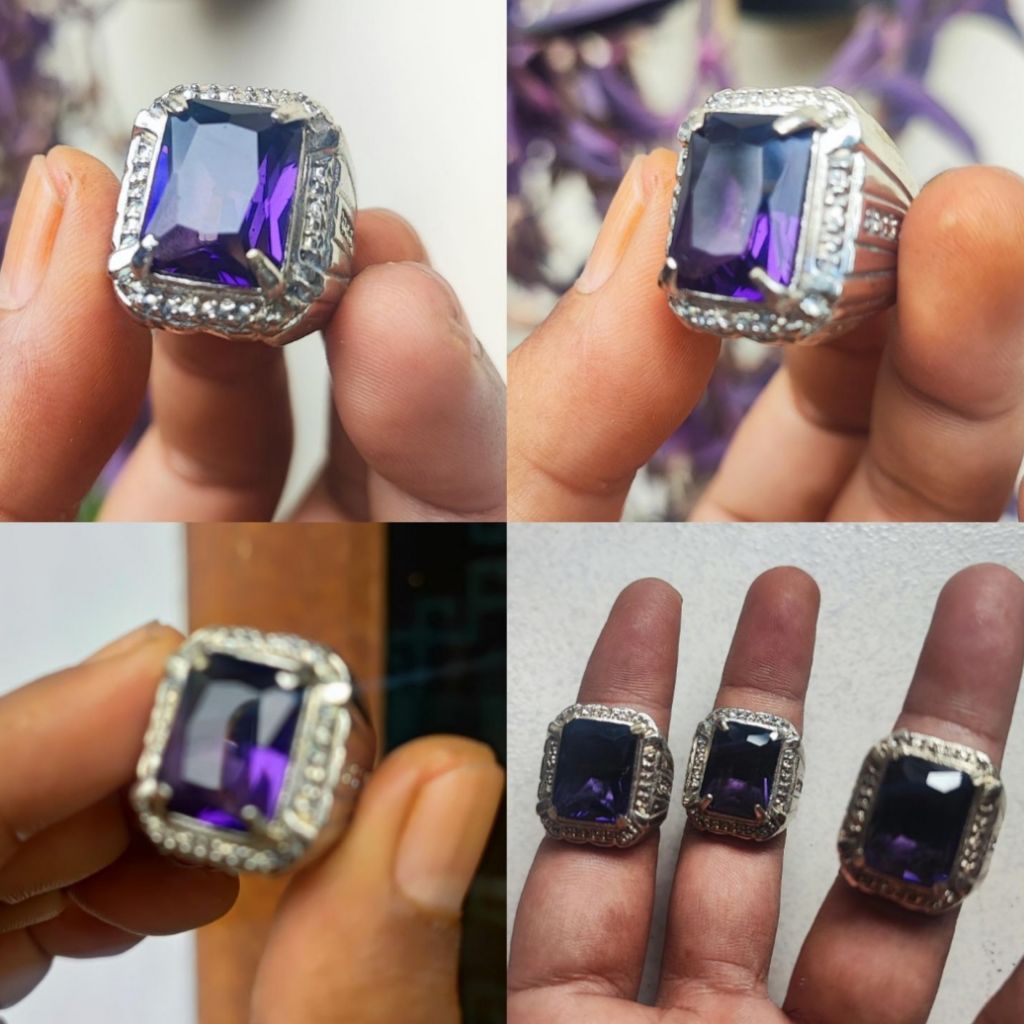 cincin batu akik kecubung kotak Ring alpaka