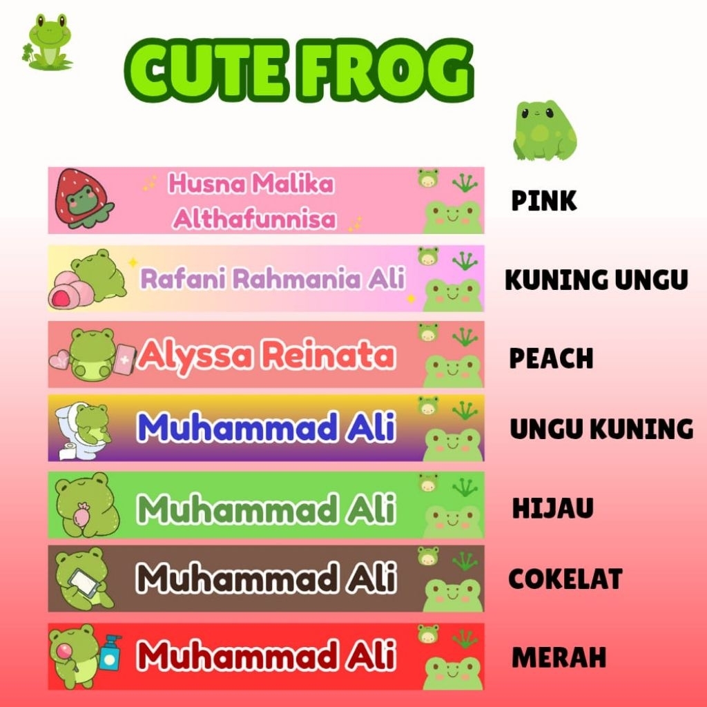 

(96 pcs) Sticker Nama Anak Cute Frog Custom Ukuran 7,8x1,2cm