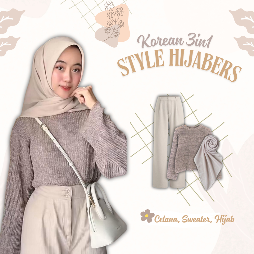 Korean 3in1 Style Hijabers ( Blouse Alenka + Celana Knit + Hijab Bella ) Setelan OOTD Kekinian KJ34