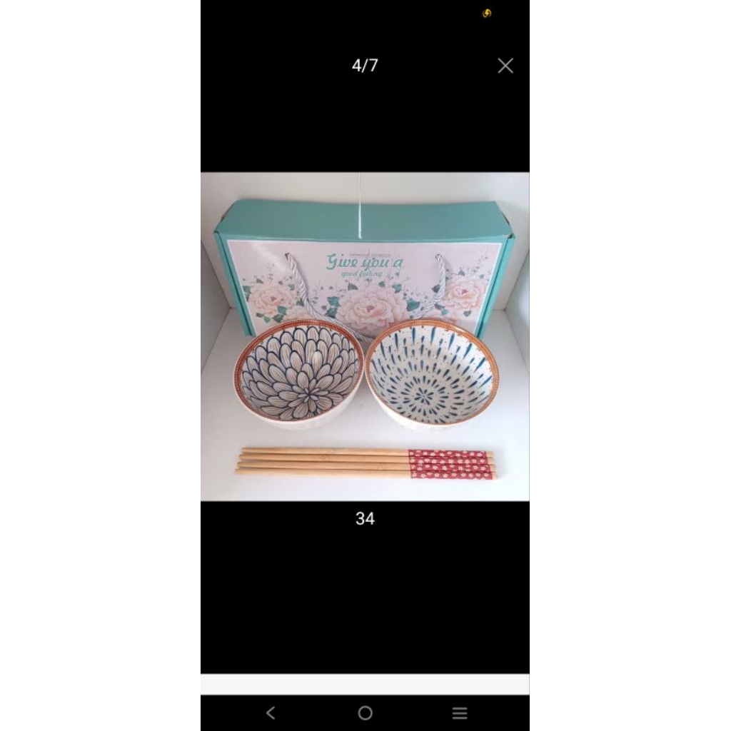 mangkok keramik sakura motif bunga isi 2 mangkok dan sumpit dengan kemas box motif