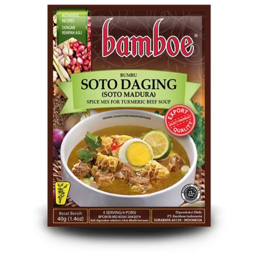 

Bamboe Soto Daging Madura 40g – Bumbu Soto Sapi Kuning Gurih & Wangi, Siap Masak!