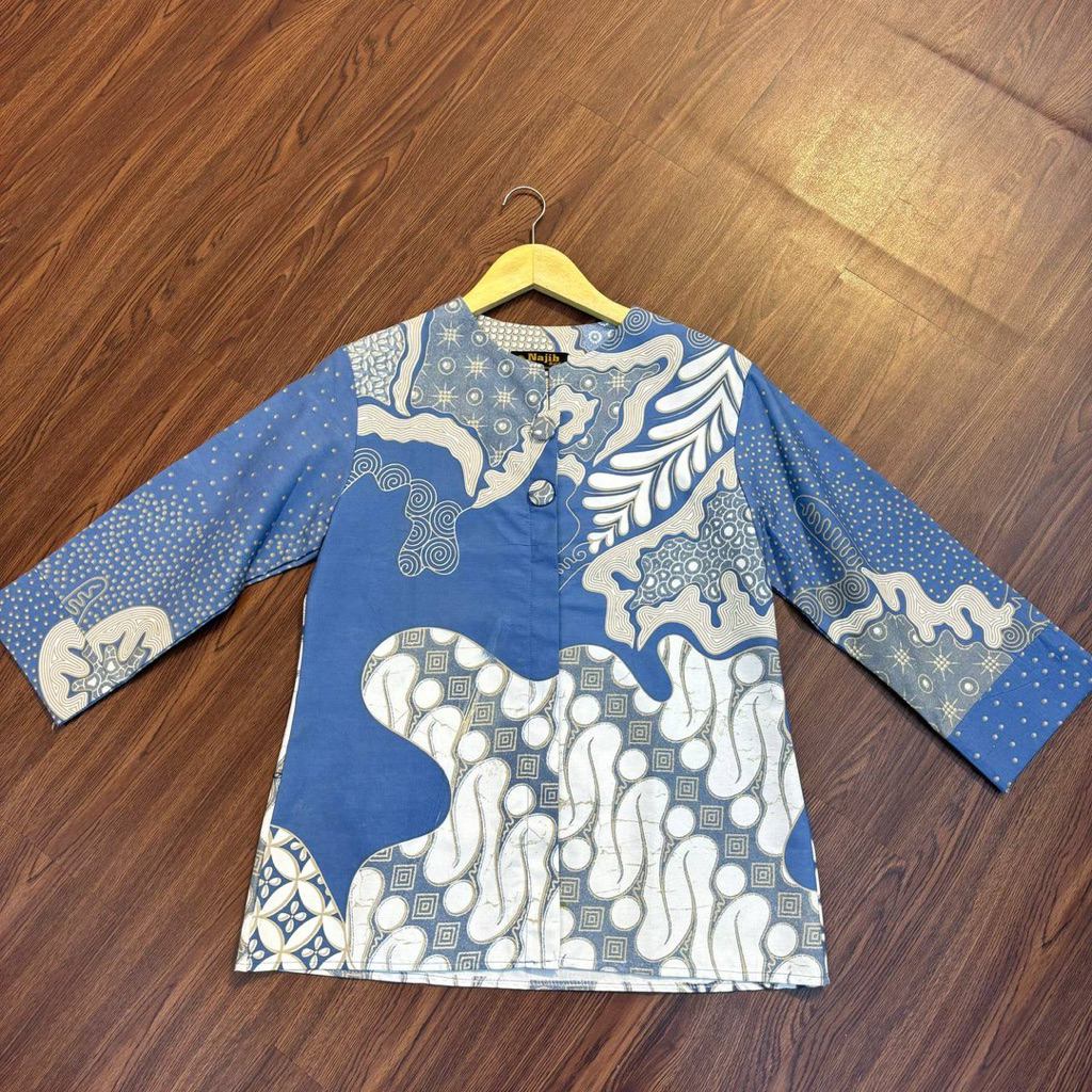 Blus batik wanita perempuan 911 bahan katun lapis furing trikot biru denim putih