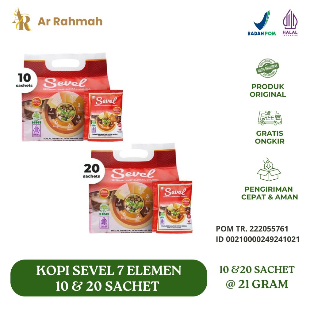

Ar Rahmah | Kopi Sevel 7 Elemen HNI 10 & 20 Sachet – Kombinasi Hemat – 100% Produk Original