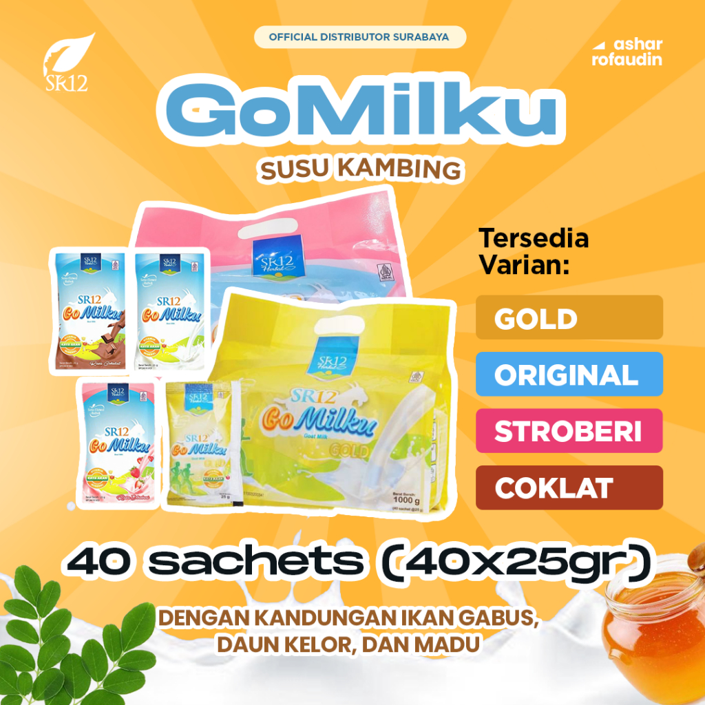 

Susu Kambing GoMilku SR12 Sachet 1000gr (40 sachet x 25gr) Original Strawberry/Stroberi Coklat Gold Original