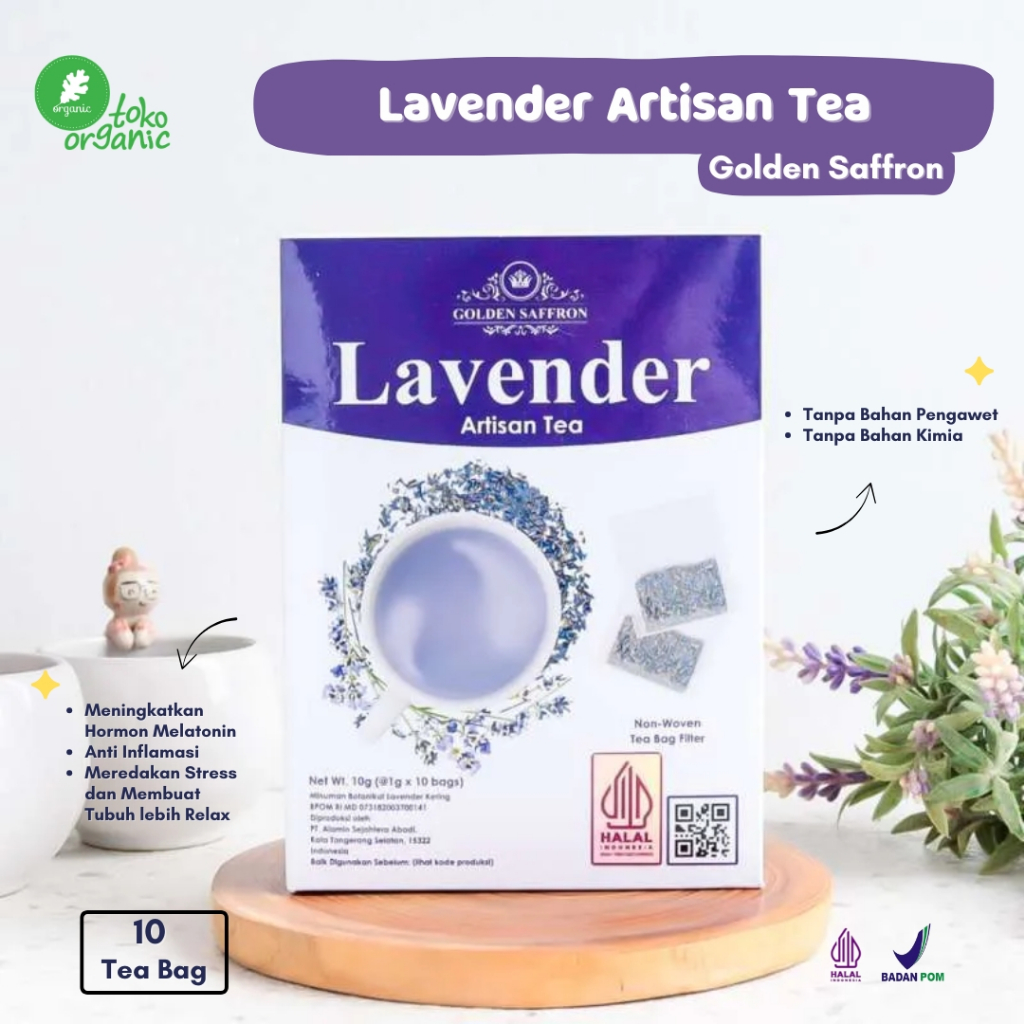 

Golden Saffron Lavender Artisan Tea (10 Tea Bag)| Teh Herbal Lavender, Teh Aroma Peppermint, Lavender Tea, Teh Alami dengan Rasa Lavender, Teh Relaksasi Lavender