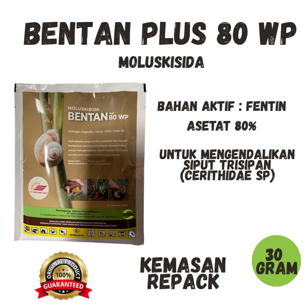 Moluskisida Bentan Plus 80 WP 30 Gram Kemasan Repack (Dikemas Ulang) obat keong siput ampuh cocok un