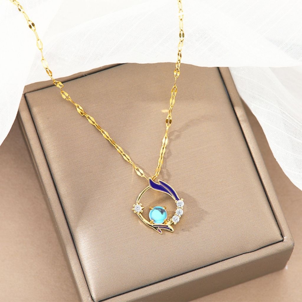 Kalung Titanium Asli Wanita Liontin Batu Biru