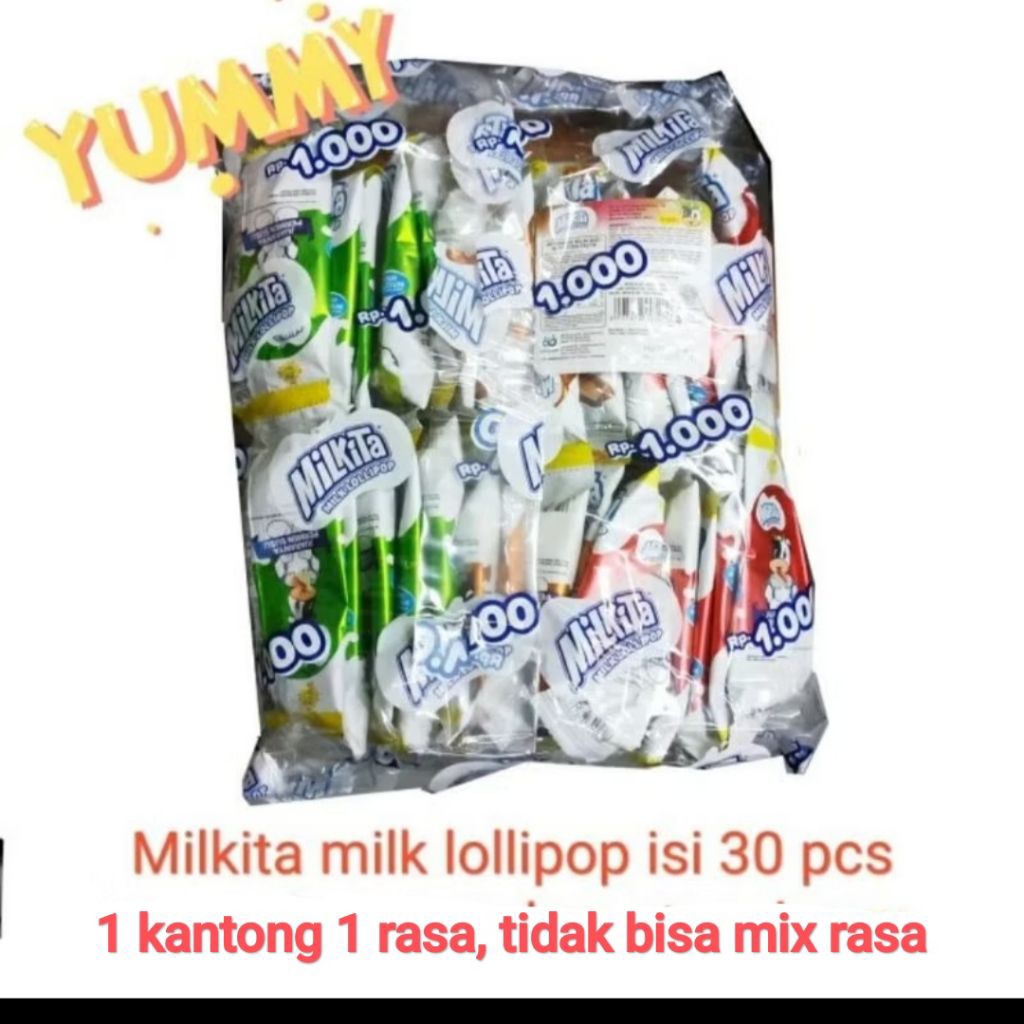 

milkita lollipop renceng isi 30 pcs | tiap kantong 1 rasa | rasa dikirim random | permen lolipop gagang