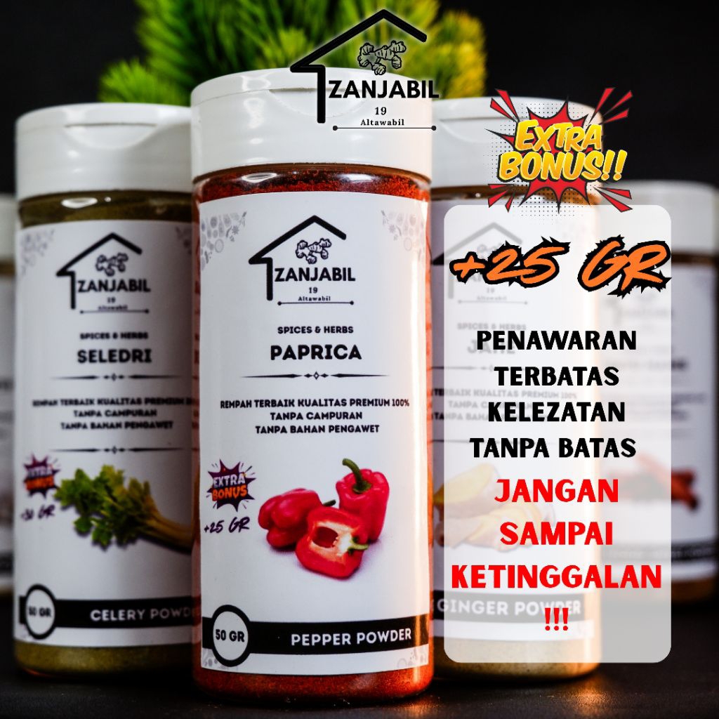 

Paprika Merah Bubuk Organik Zanjabil 50gr + Bonus 25gr Rempah Dapur Premium Non MSG Sumber Vitamin C