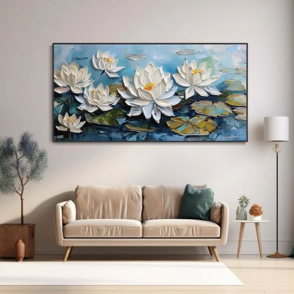 Lukisan Dinding Bunga Teratai | Lukisan Handmade 100% | Lukisan Tekstur Timbul Aesthetic