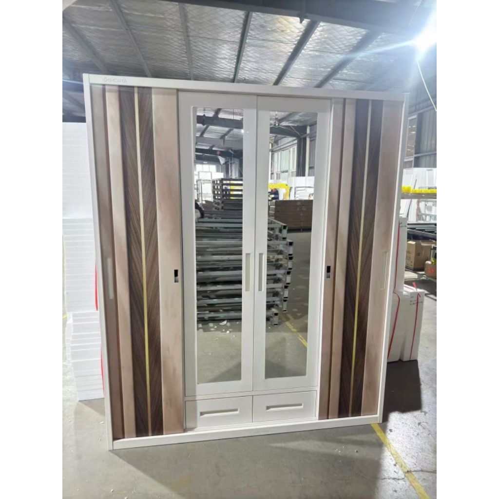 Lemari Pakaian Besi 4 Pintu Sliding kaca Putih Gamis (Banyak gantungan) Importa